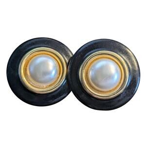 Vintage 80s Large Black Enamel Gold Tone Faux Mabe Pearl Button Pierced Earrings
